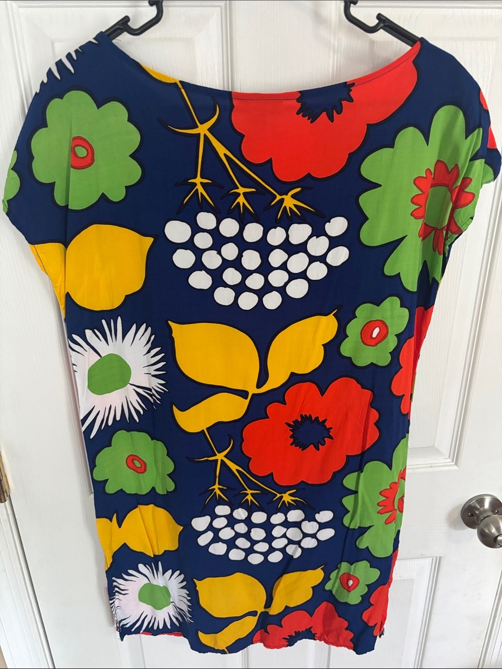 Marimekko Navy Blue Floral Mini Dress with Red, Yellow & Green - Picture 4 of 8